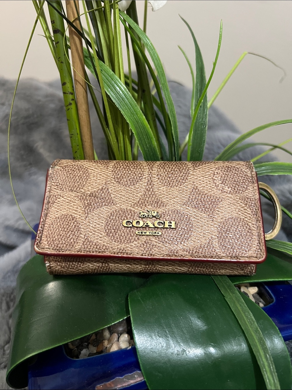 Coach Brown Signature Canvas Key Case with Red-Trim Edge retail $95